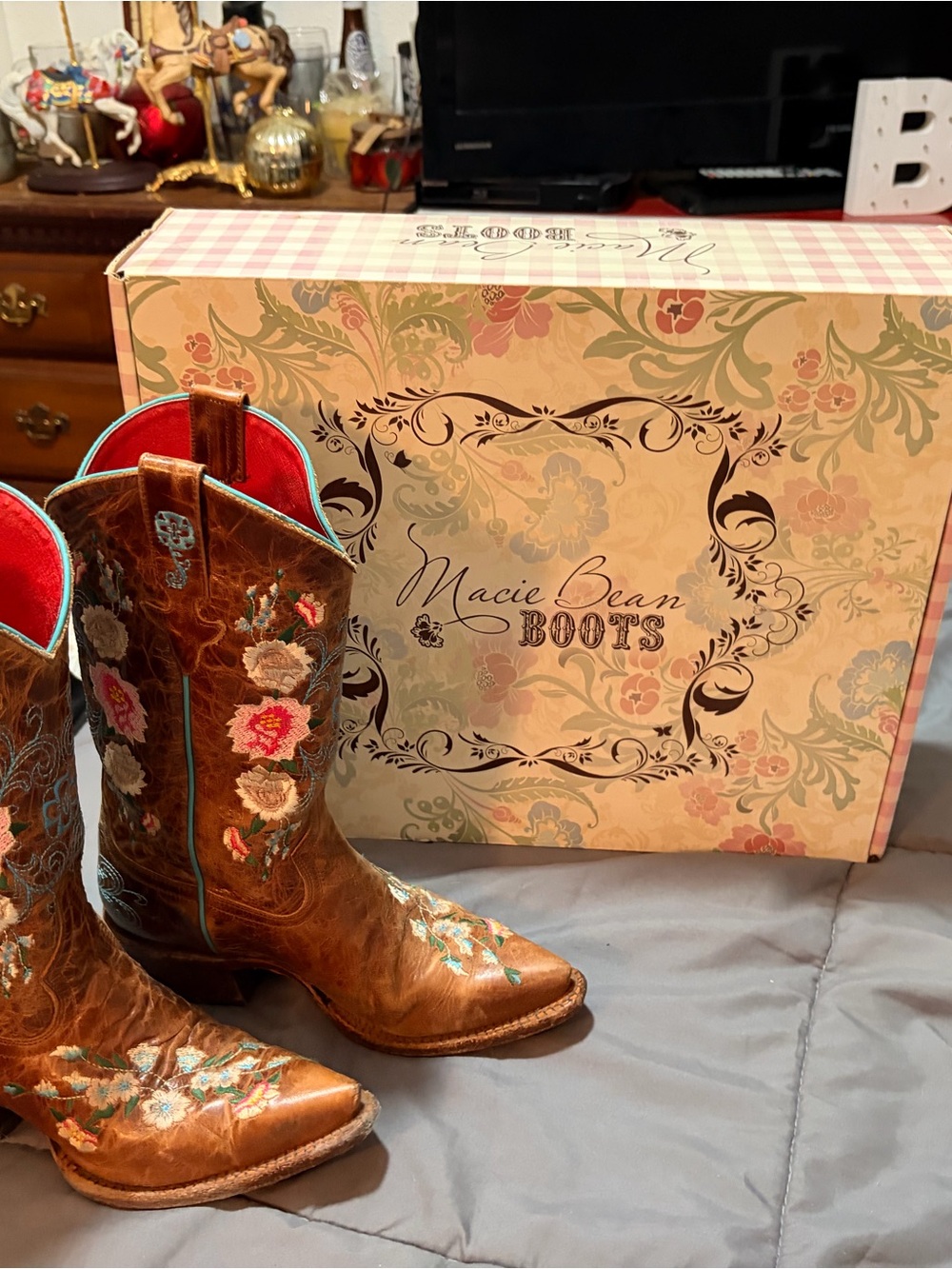 Macie Bean Brown Leather Cowboy Boots with Multicolor Floral Embroidery